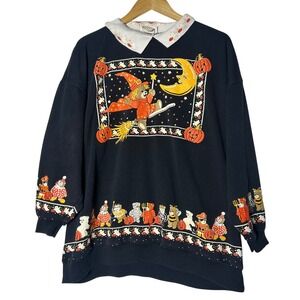 Vintage 90s Halloween pumpkin collared sweatshirt whimsygoth grandmacore witchy